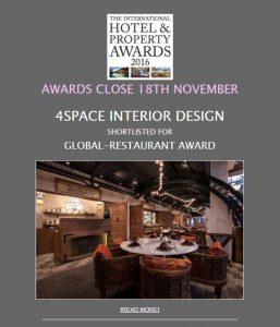 design et al announce 4SPACE Interior Design shortlisted for a Restaurant Award in the Global category of The International Hotel and Property Awards 2016
